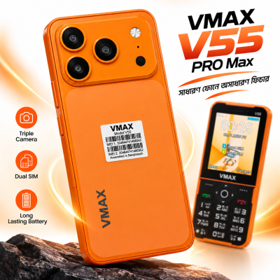 VMAX V55 PRO Max Feature Phone – 2.8 Inch HD Display, Slim Metal Body, 2500mAh Built-In Battery, Type-C Port, Wireless FM, Auto Call Recording & Dual SIM Support